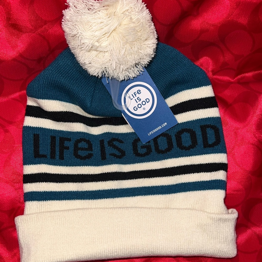 Life is good cream teal and black beanie